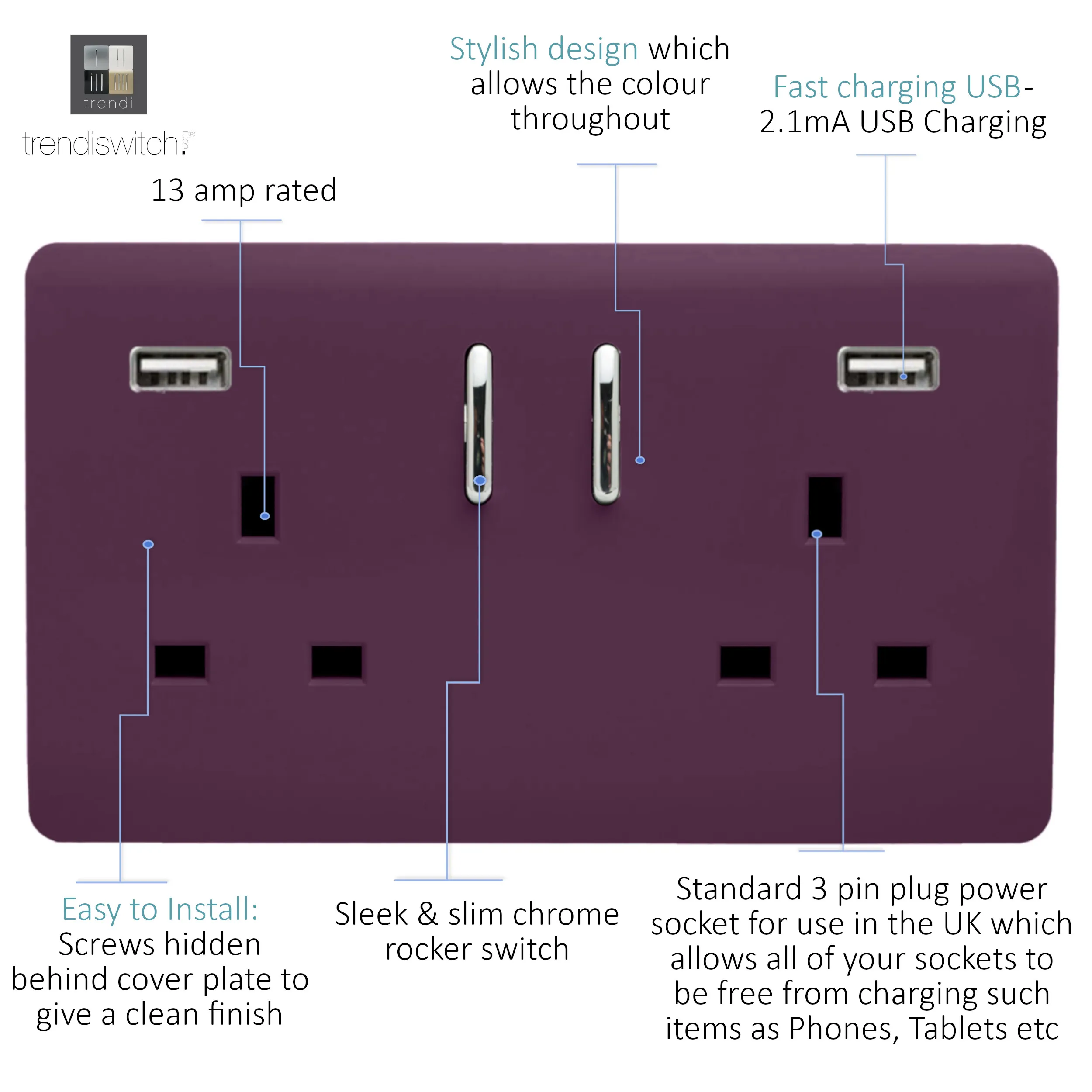 2 Gang 13Amp Short S/W Double Socket With 2x3.1Mah USB Plum ART-SKT213USB31AAPL  Trendi Plum